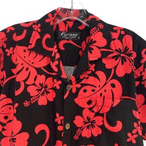 Men’s Hawaiian Camp Shirt Black Red Hibiscus Print Cotton S